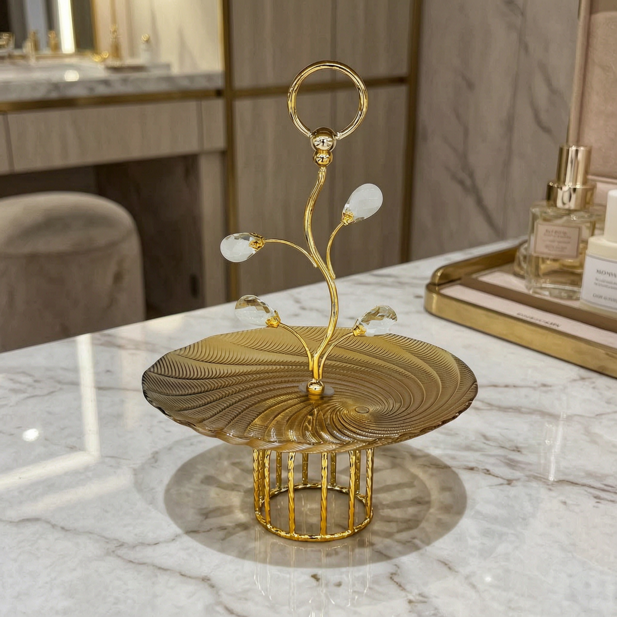 Elegant Amber Glass Platter with Vine Handle