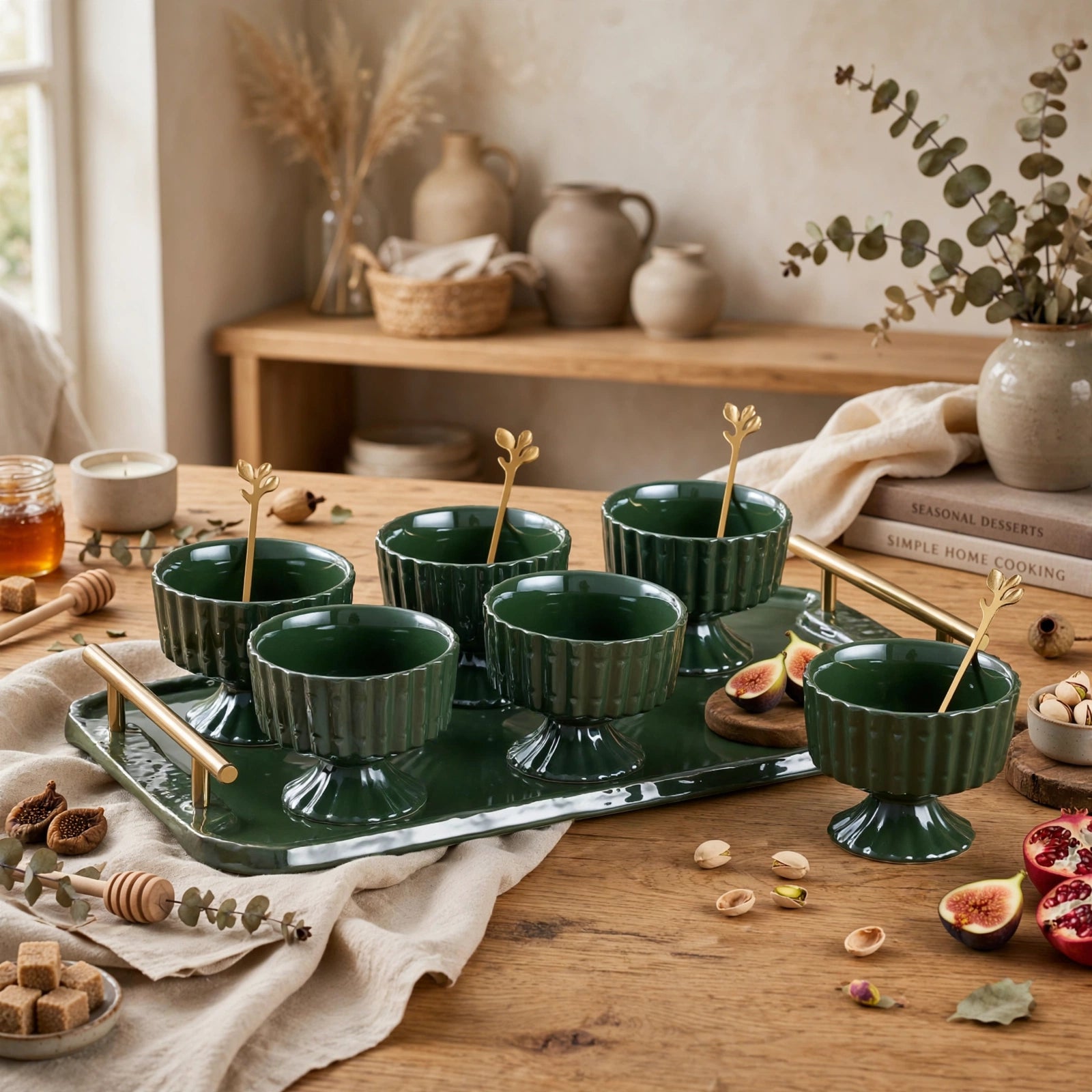 Elegant Ice Cream Cups with Gold Leaf Spoons & Tray 13 Piece