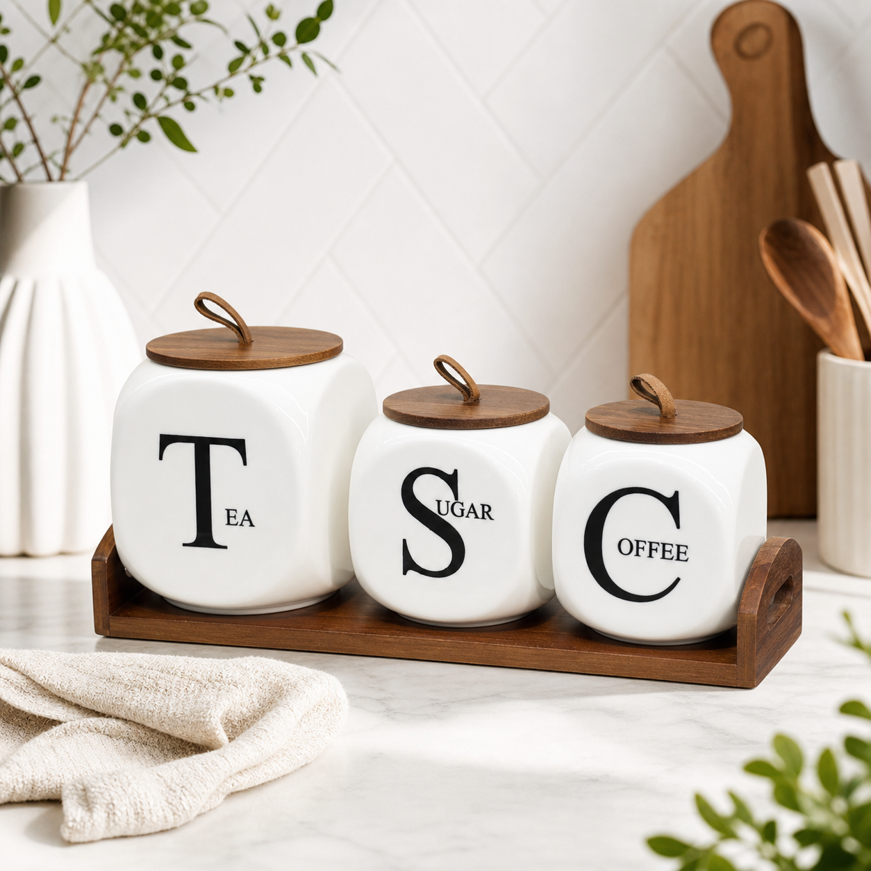 3 Piece Square Kitchen Canister Set With Tray