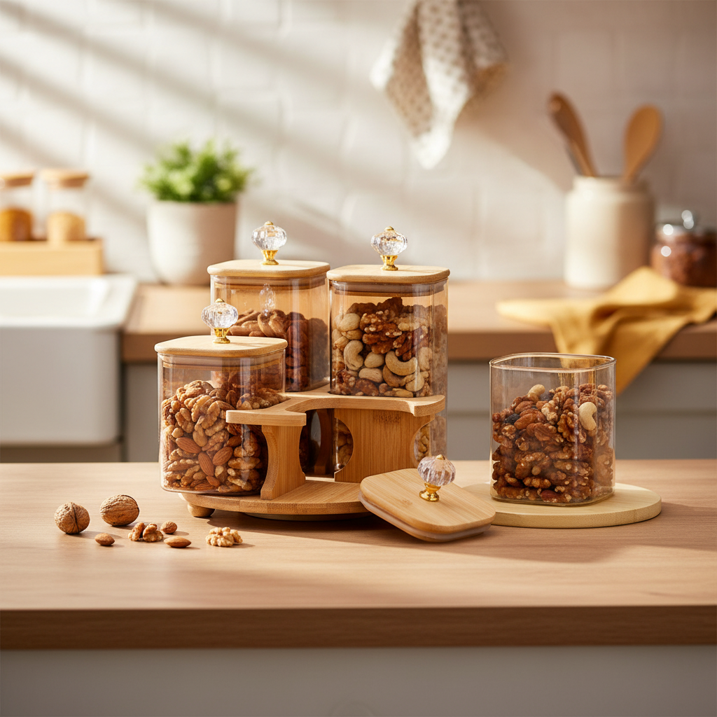 4 Piece Amber Glass Jar Set with Revolving Bamboo Tray