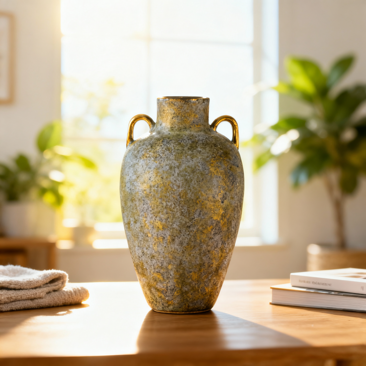 Antique Ceramic Urn Vase with Gold Handles