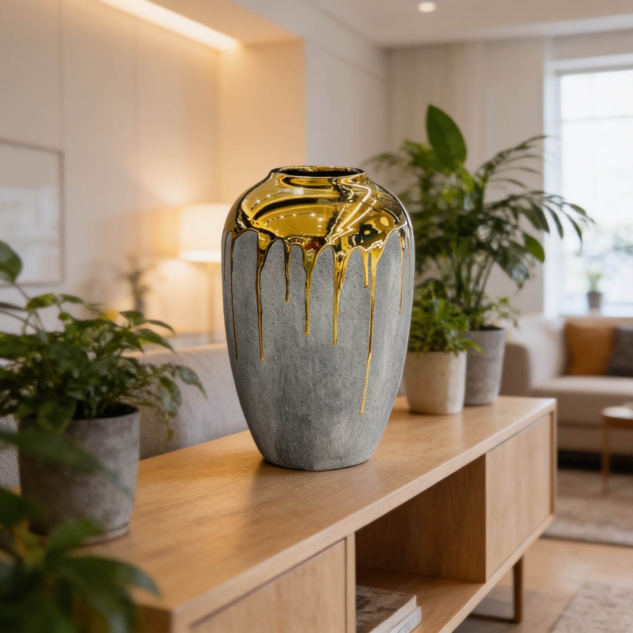 Elegant Matte Grey & Liquid Gold Ceramic Vase
