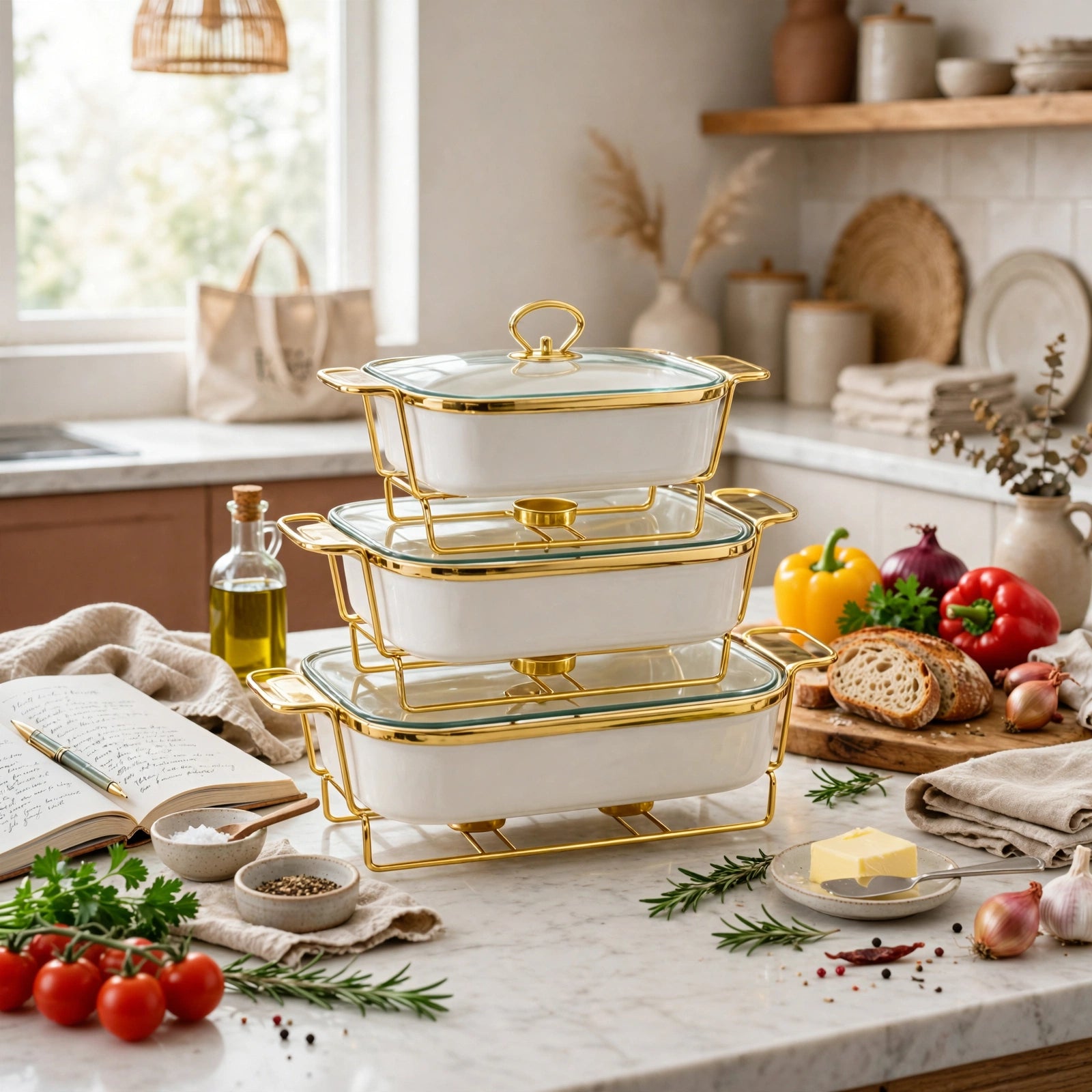 Elegant 3-Tier Ceramic Chafing Dish Set with Gold Stand Set of 3