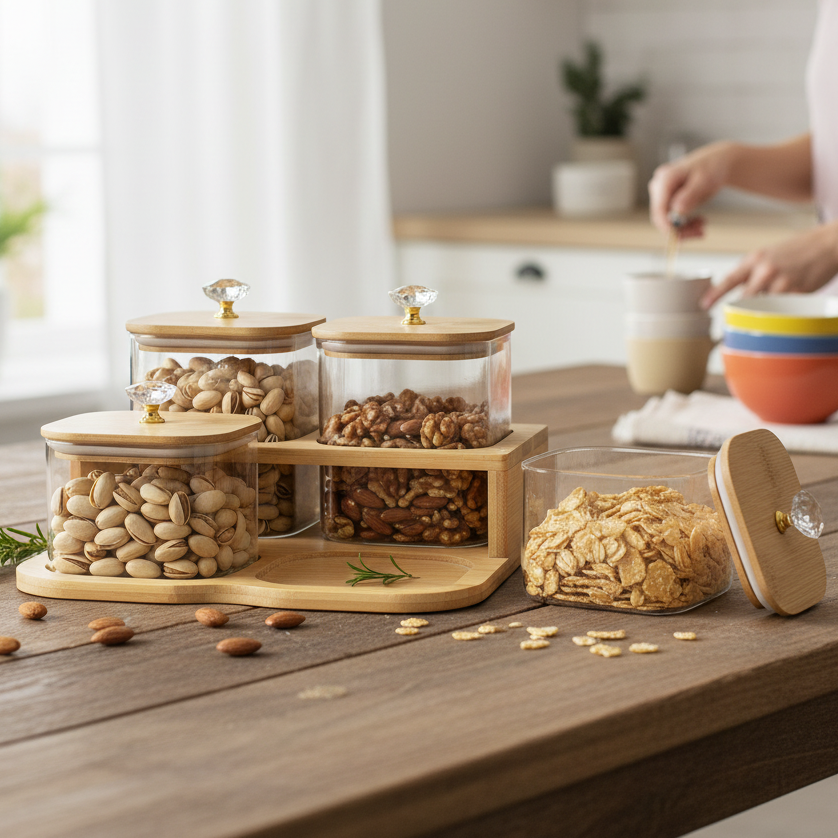 Luxury Airtight Canister Set with Bamboo Organizer Tray Set of 4