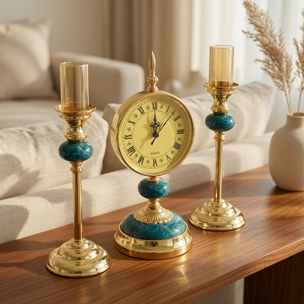Elegant Quartz Clock & Tw Pillar Candle Holders Set of 3
