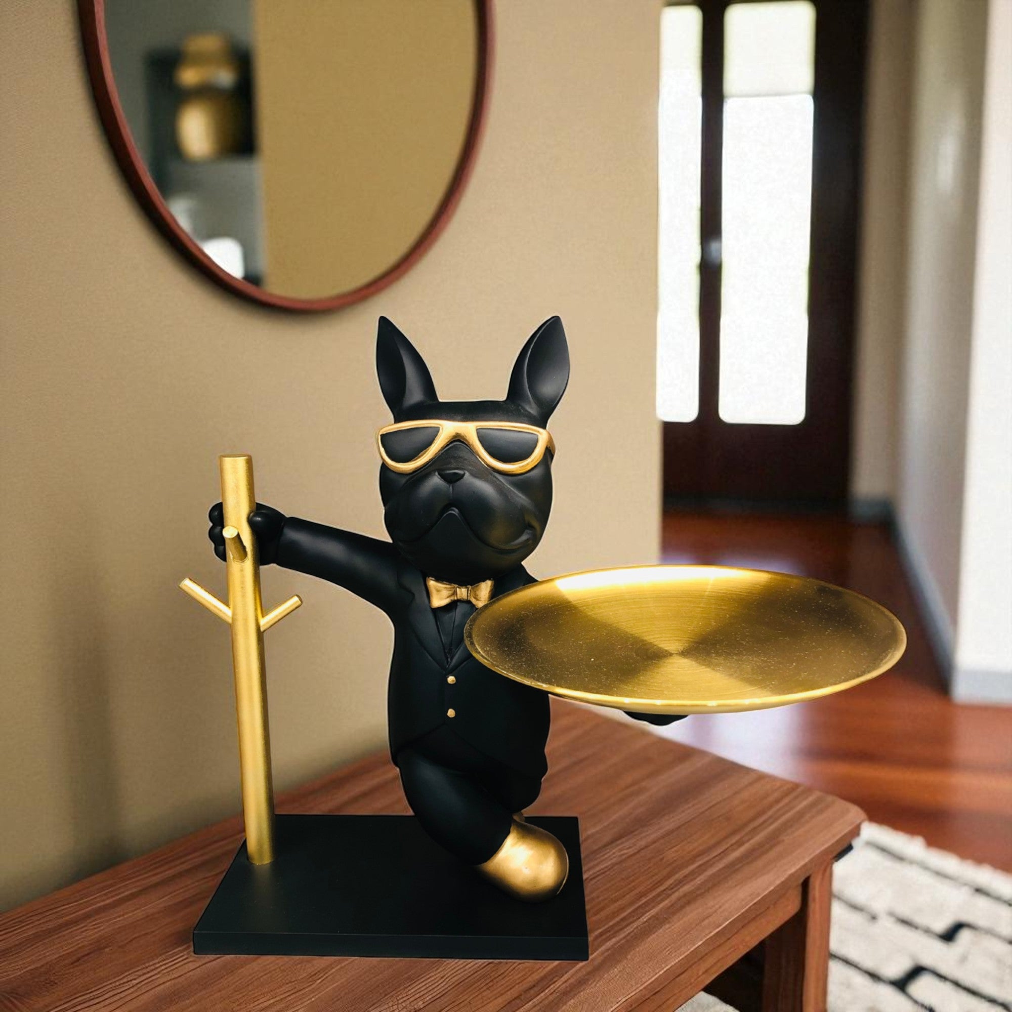 Luxury Bulldog Butler Resin Showpiece with Tray – Black & Gold
