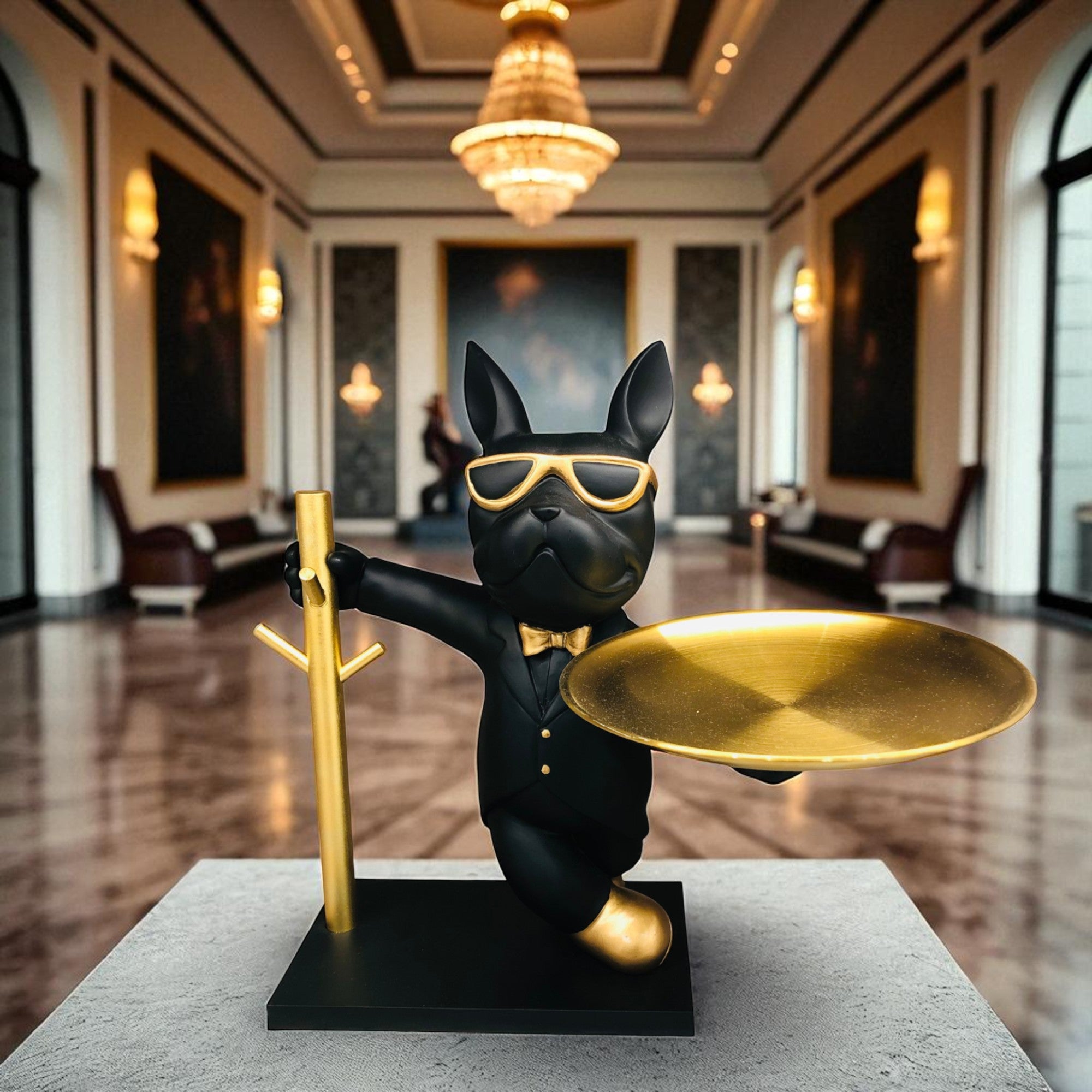 Luxury Bulldog Butler Resin Showpiece with Tray – Black & Gold