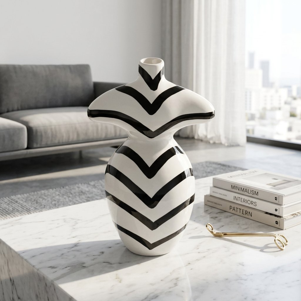 Black and White Striped Body Sculptured Vase
