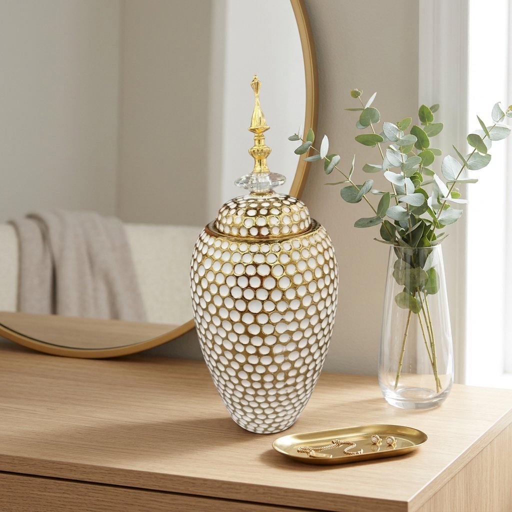 Modern Honeycomb Textured Ginger Vase With Lid