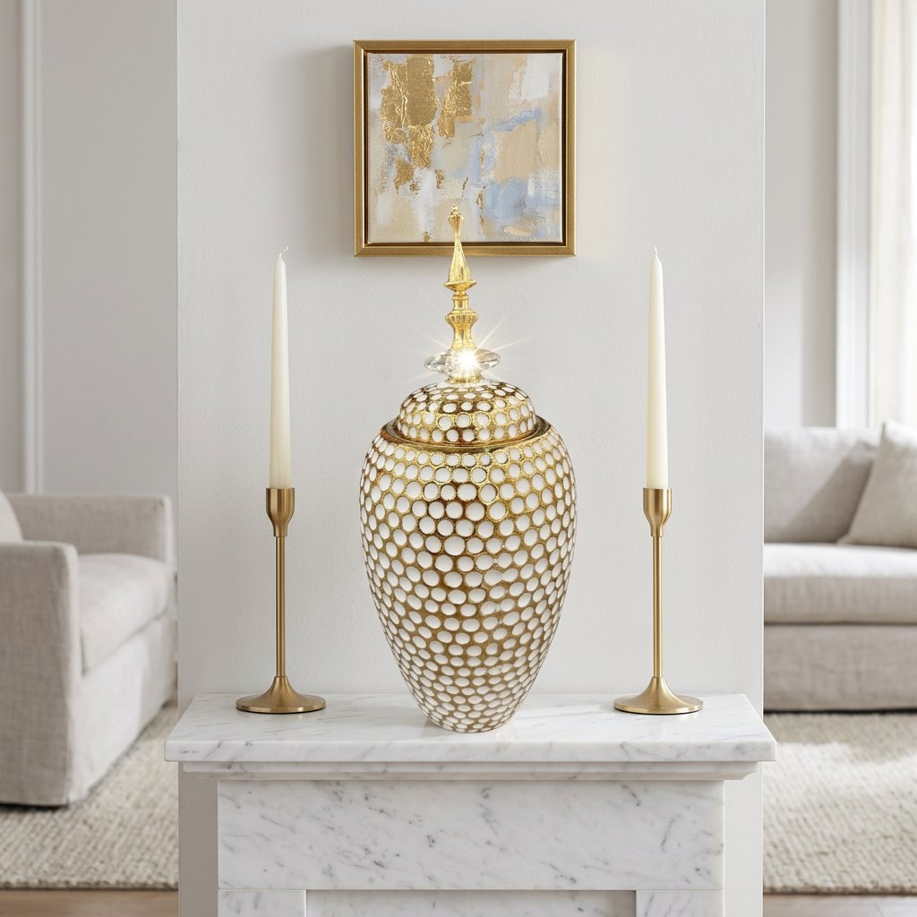 Modern Honeycomb Textured Ginger Vase With Lid