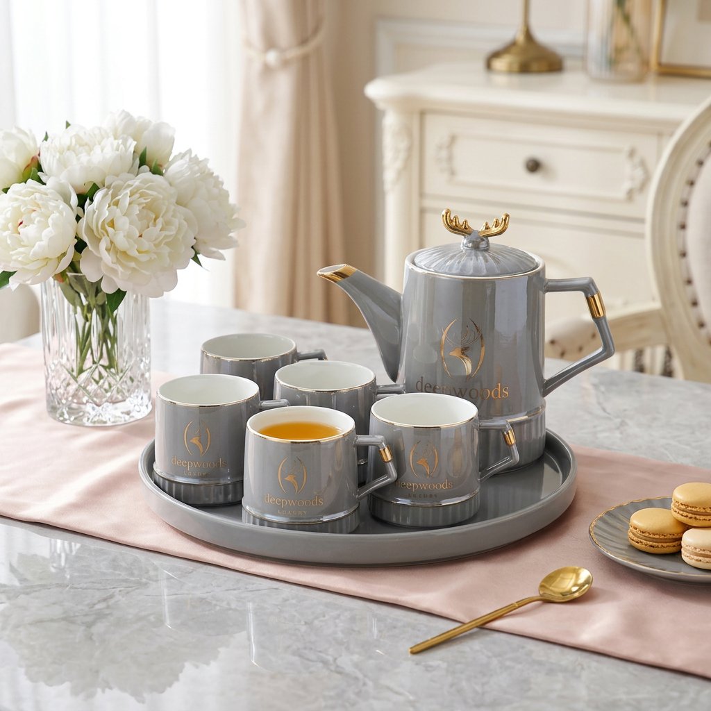 Slate Gray Glossy Tea-Set with 6 Cups & Tray