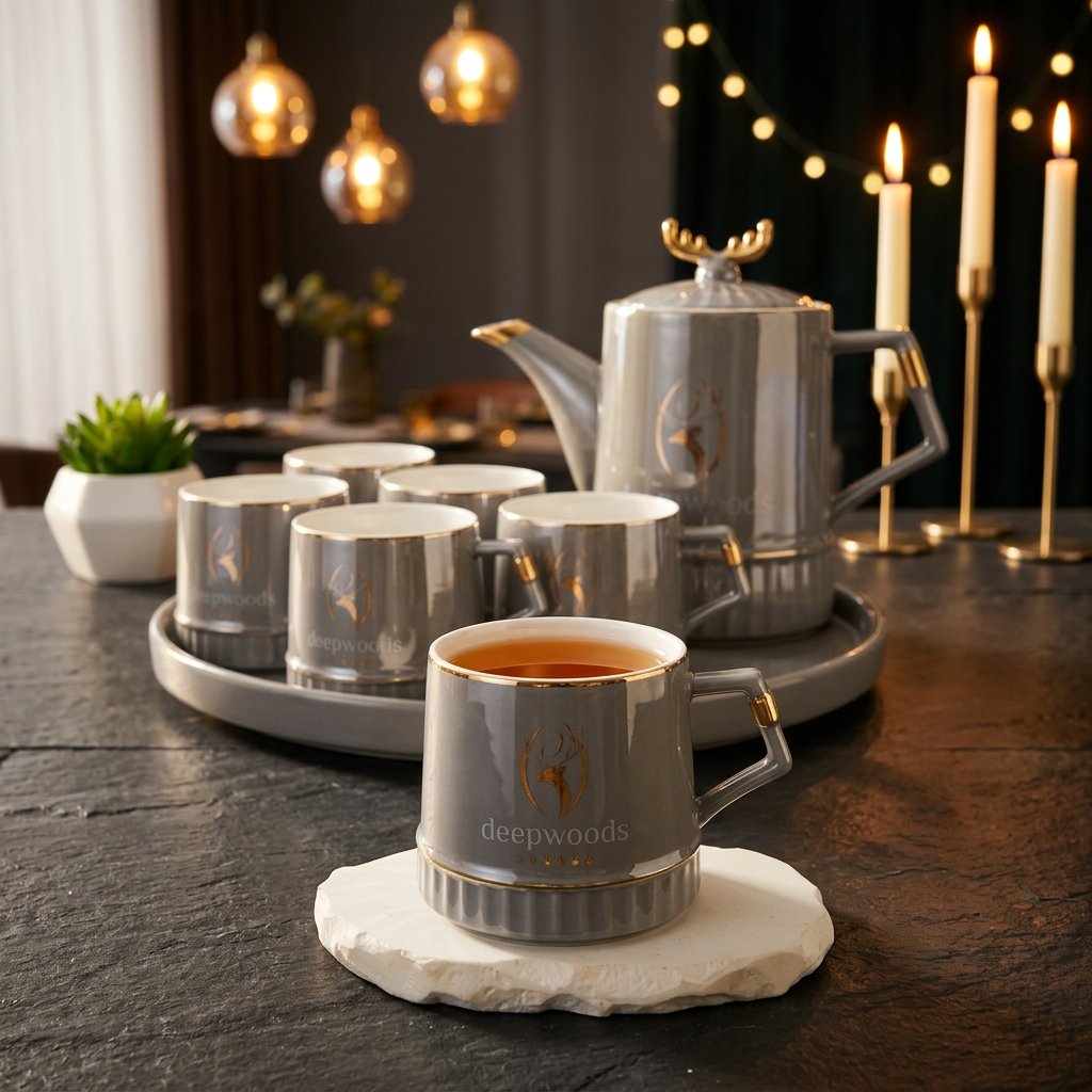 Slate Gray Glossy Tea-Set with 6 Cups & Tray