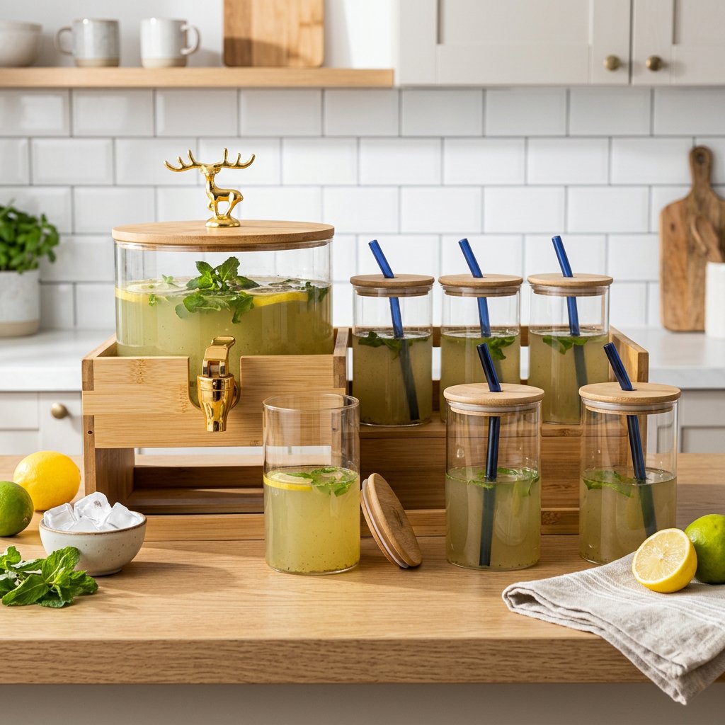 Stag Crest Glass Dispenser & Glass Set with Bamboo Caddy