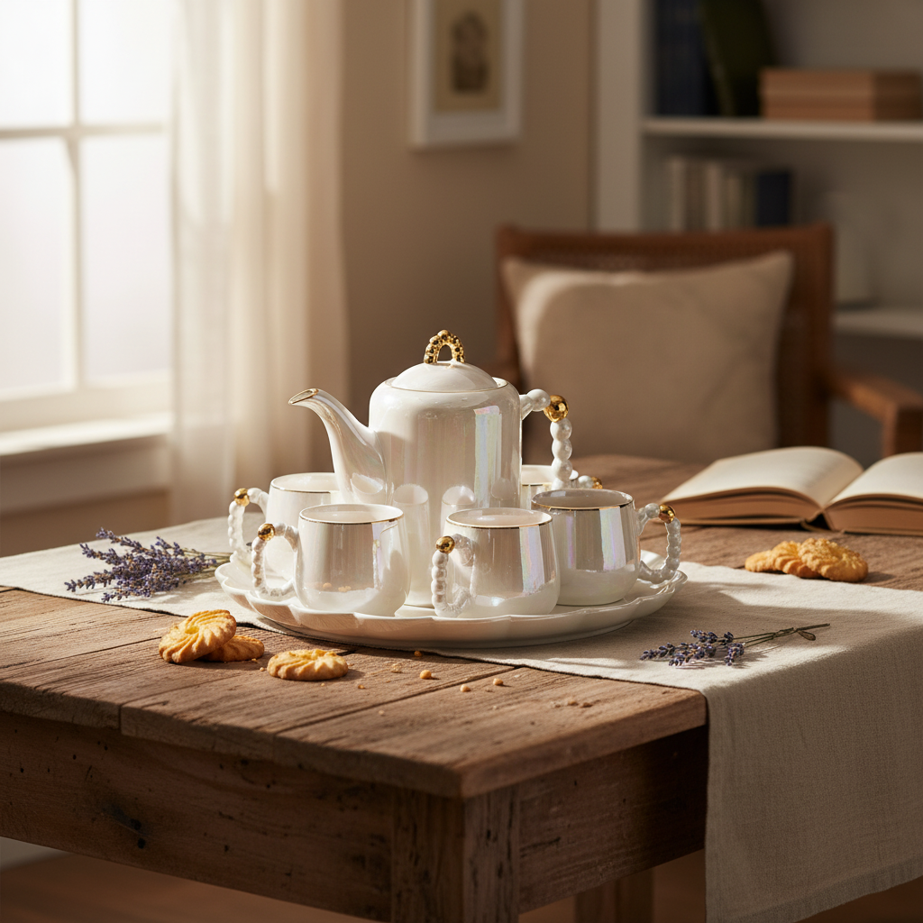 Modern Beaded Edges Tea Set With Serving Tray