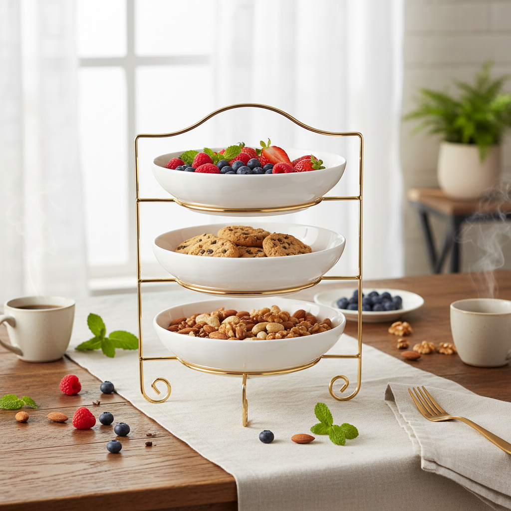 3-Tier Elegant Serving Stand with Gold-Plated Metal Frame