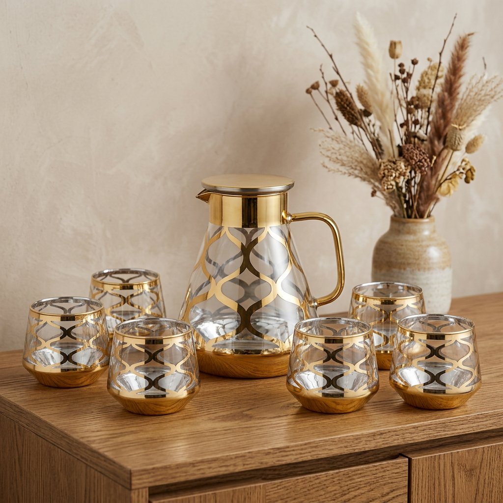 Elegant Golden Lattice Glass Water Set of 7