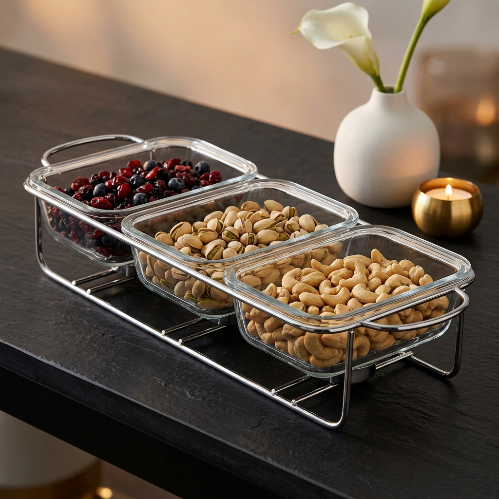 Modern 3 Compartment Glass Casserole Set with Chrome Display Stand