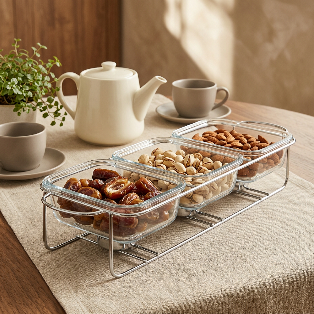 Modern 3 Compartment Glass Casserole Set with Chrome Display Stand