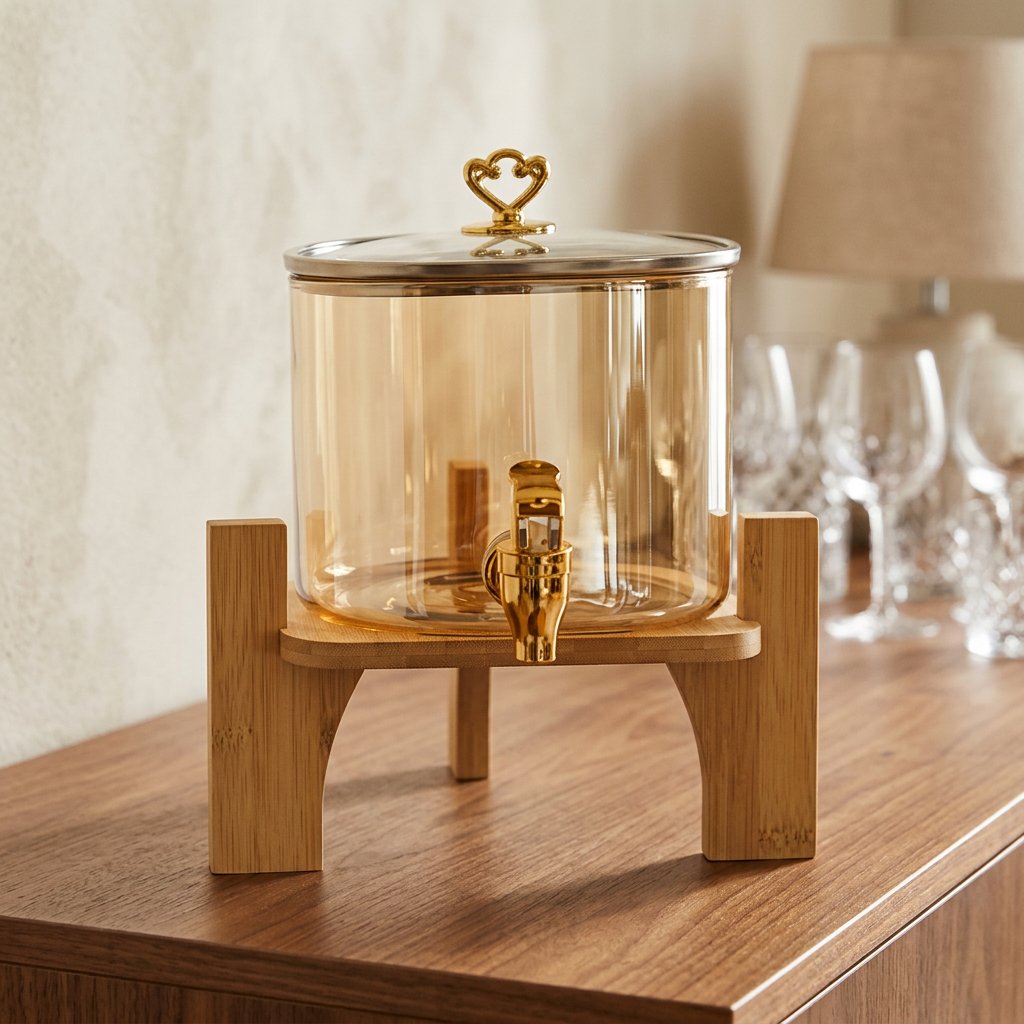 Amber Glass Beverage Dispenser with Wood Stand
