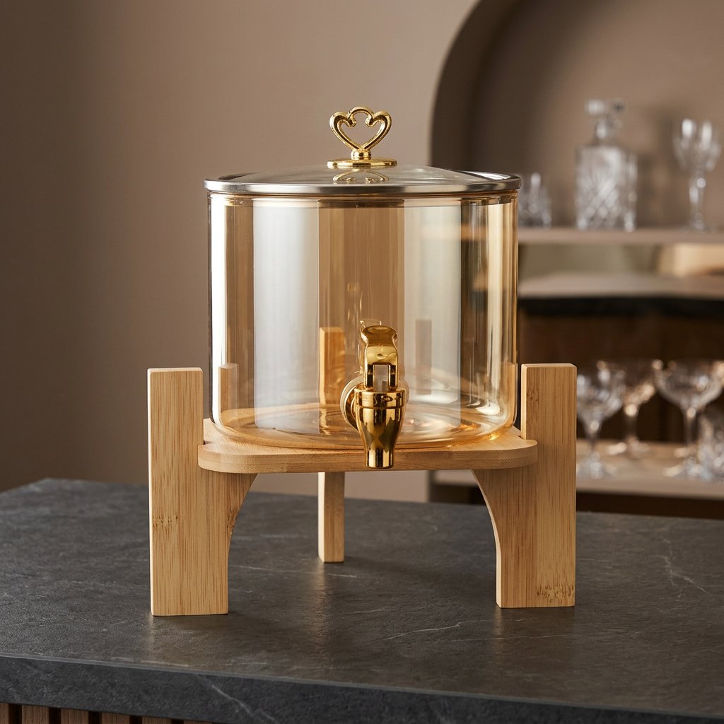 Amber Glass Beverage Dispenser with Wood Stand