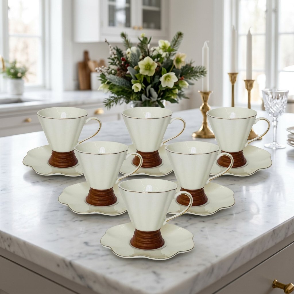 Elegant White V Shape Cups & Saucers Set of 6