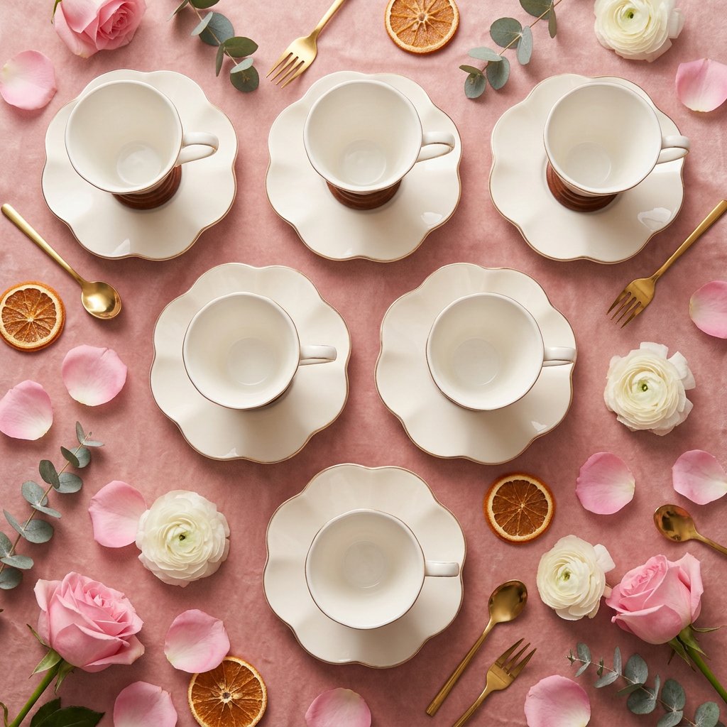Elegant White V Shape Cups & Saucers Set of 6