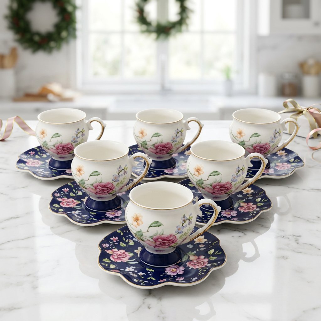 Luxury Floral Tea Set with Royal Gold Detailing Set of 6
