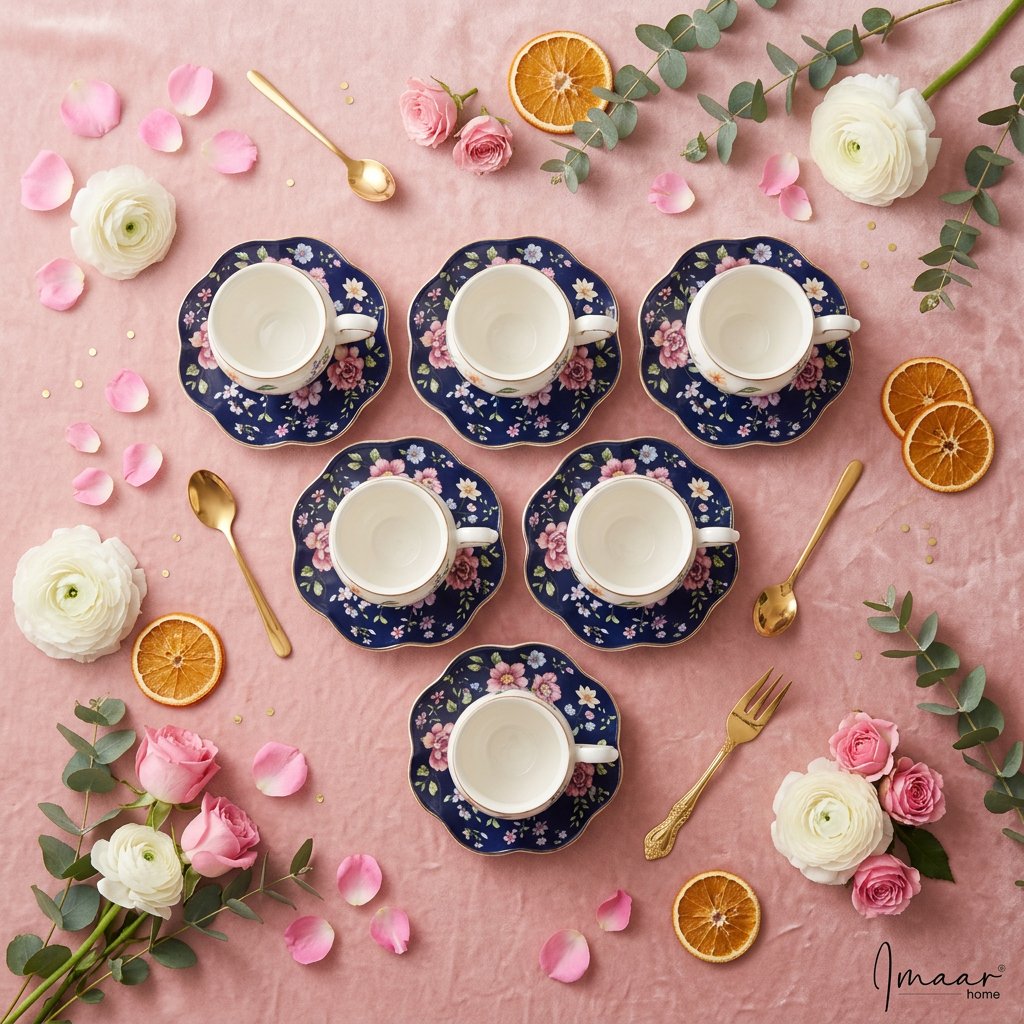 Luxury Floral Tea Set with Royal Gold Detailing Set of 6