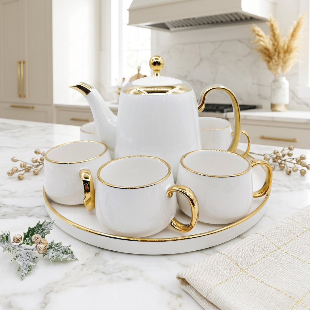 Imperial Gold Rimmed Teapot and Cups Set with Serving Tray