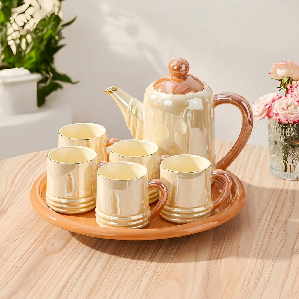 Glossy Pearl Finish Ceramic Tea Set with Tray