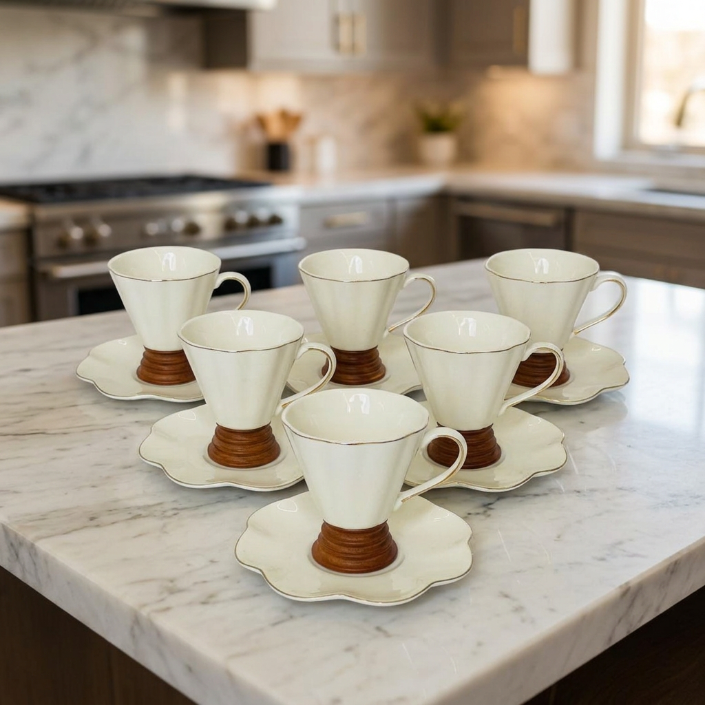 Elegant White V Shape Cups & Saucers Set of 6