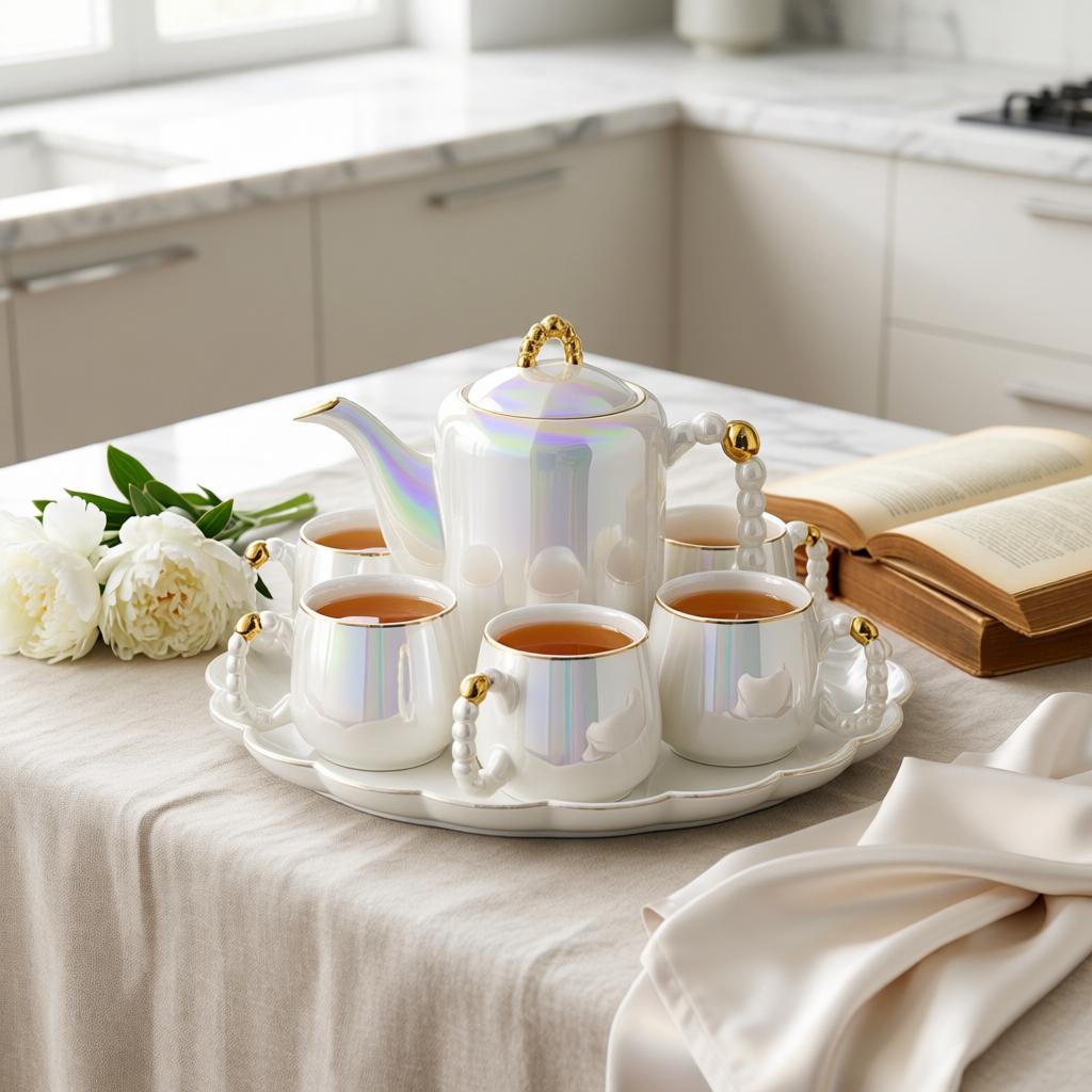 Modern Beaded Edges Tea Set With Serving Tray
