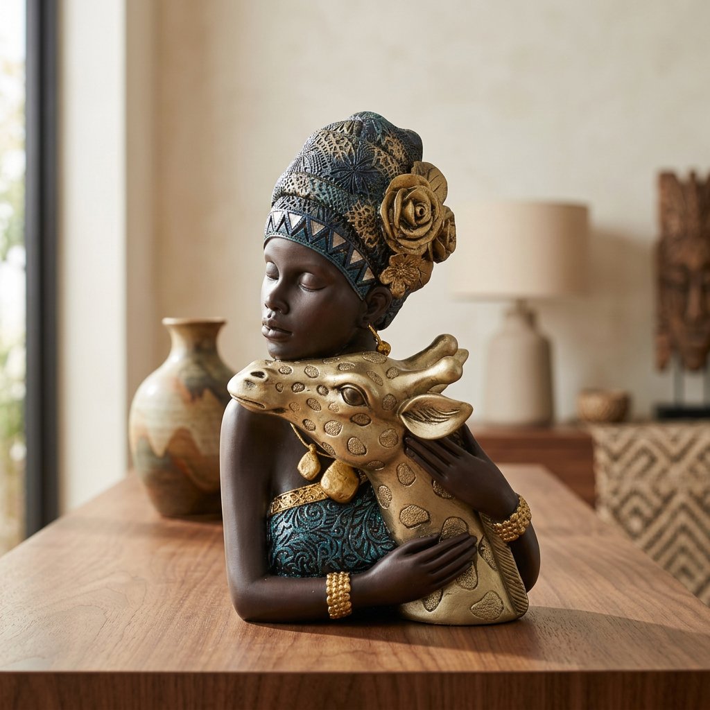 African Tribal Woman Bust with Golden Giraffe