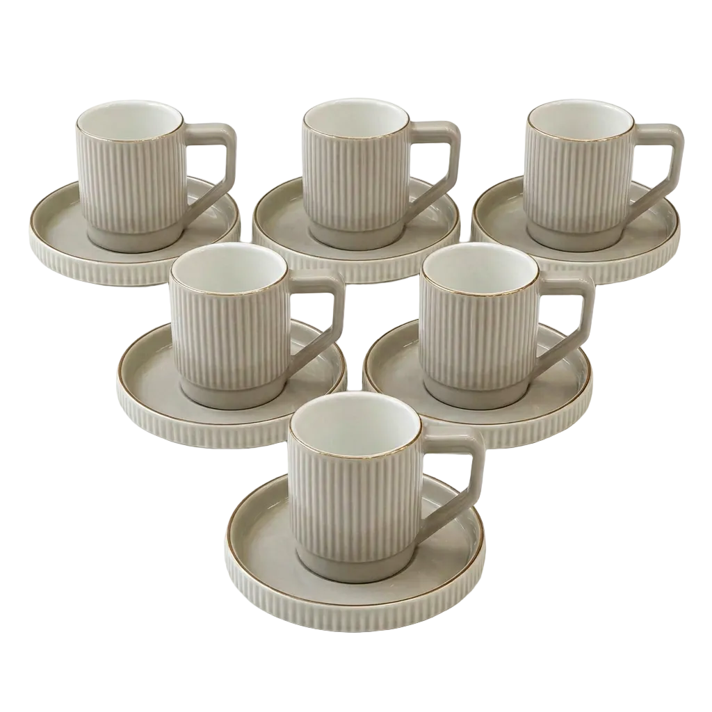 Nordic Textured Cup & Circular Grooved Saucer Set of 6