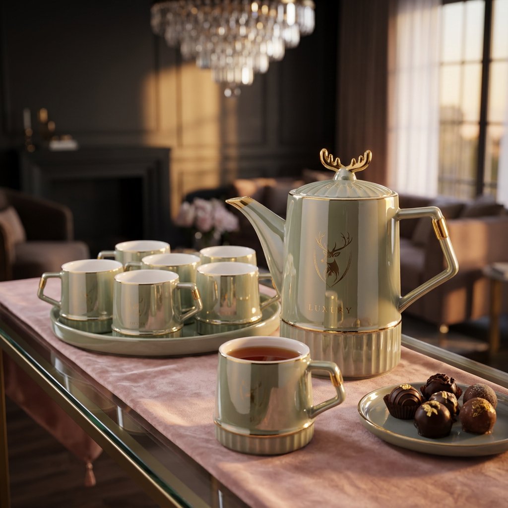Elegant Royal Antler Ceramic Tea Set 8 Piece