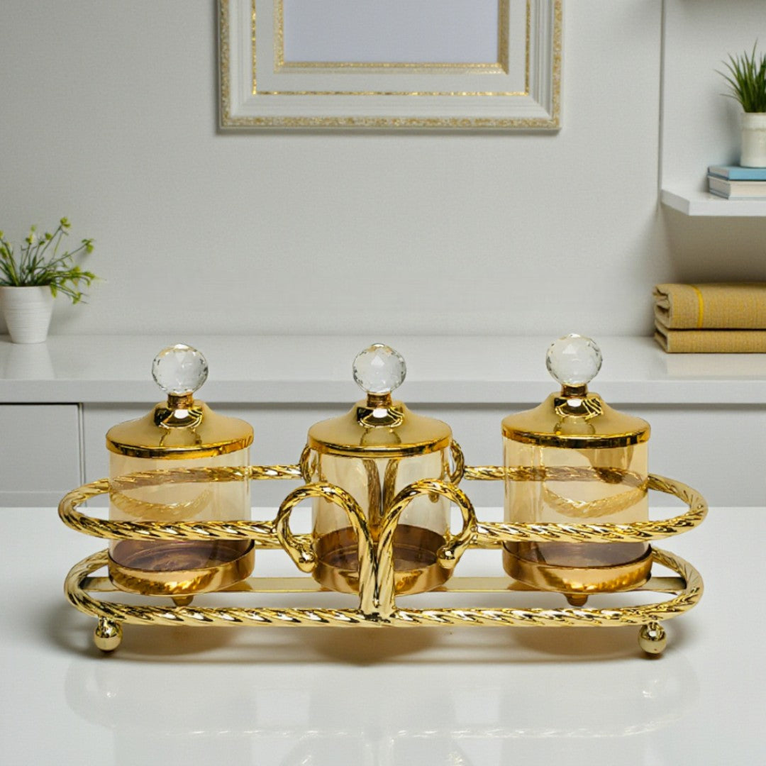 Golden Glass Storage Jar Set with Crystal Lid – 2&3 Pcs Jar Set
