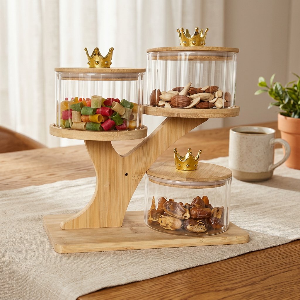 3-Tier Glass Canister Set with Wooden Tree Stand