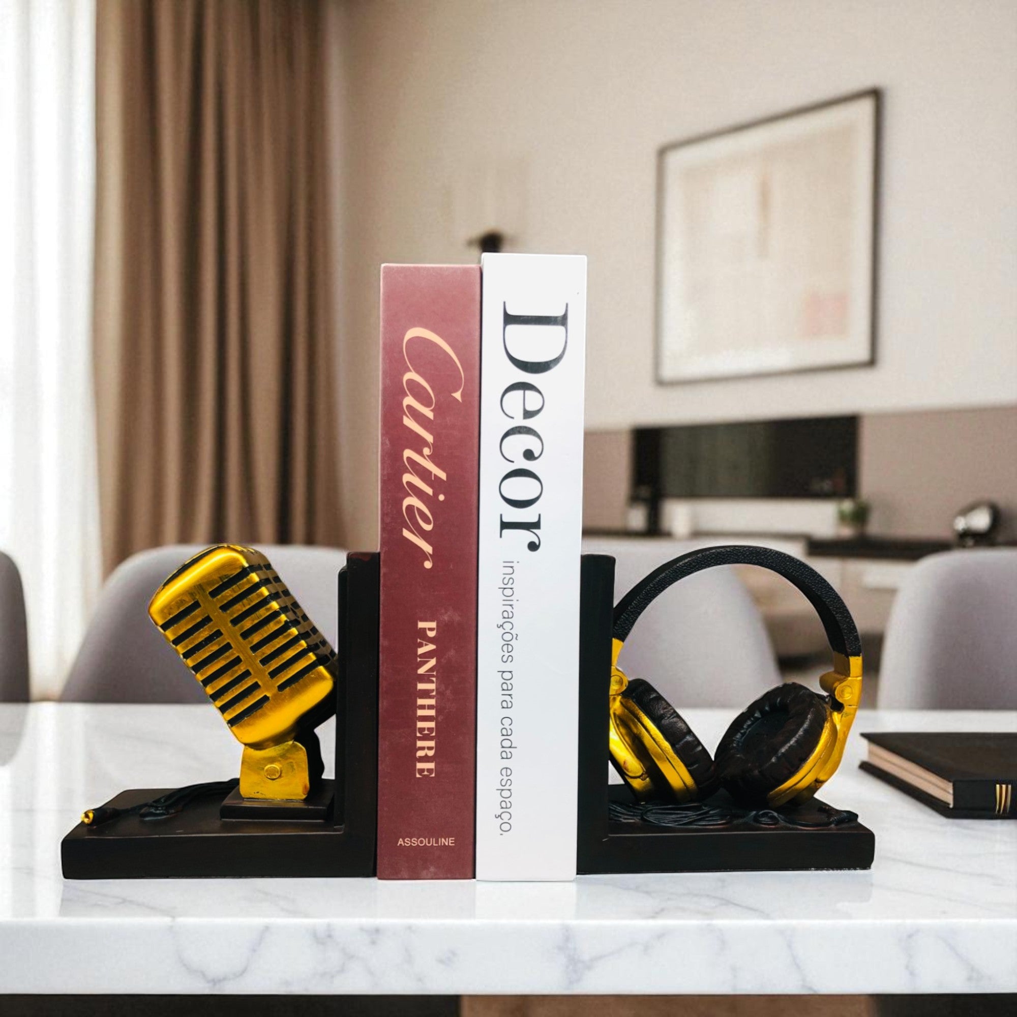 Golden Microphone & Headphone Bookends – Music Lovers’ Decor