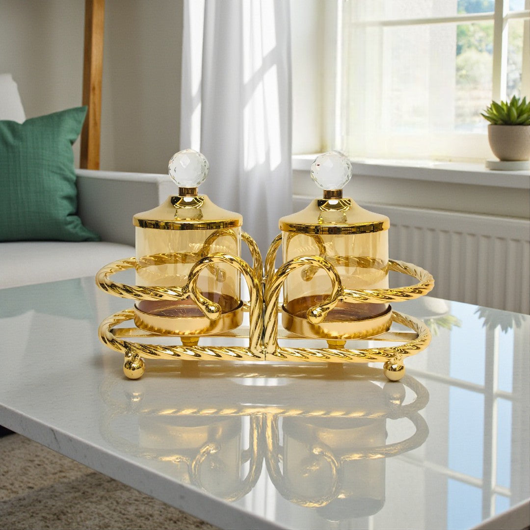 Golden Glass Storage Jar Set with Crystal Lid – 2&3 Pcs Jar Set