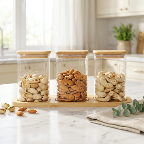 Minimalist Glass Jar Set with Natural Wooden Tray & Airtight Lids