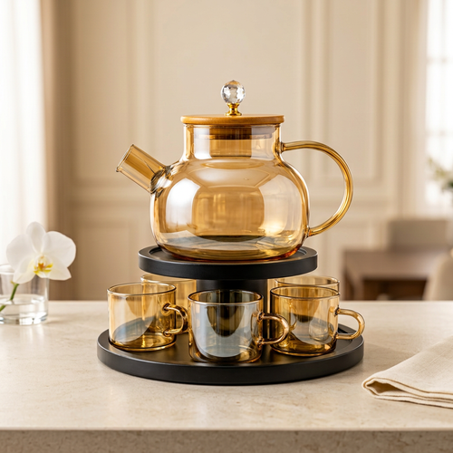 Modern Amber Glass Teapot and Cups Set
