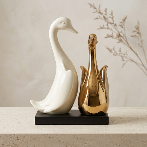 Graceful Swan Duo Sculpture in Ivory & Gold