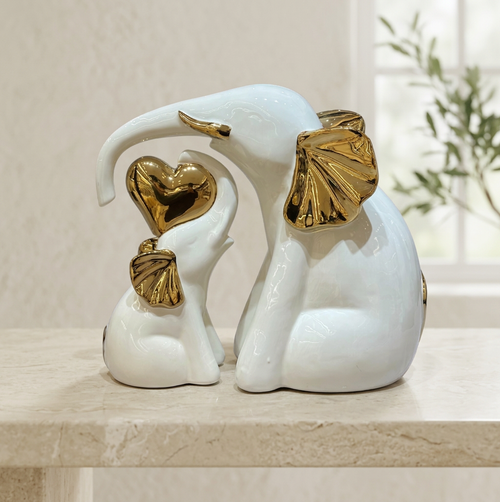 Elegant Gold Heart Motif & White Elephant Pair