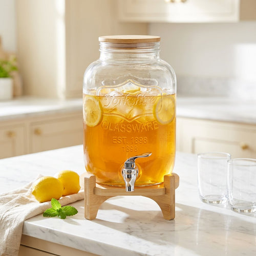 Glass Beverage Dispenser with Wooden Stand & Spigot 3.4 Litre