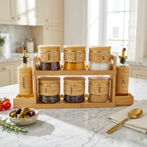 Wooden Glass Spice Jar Set with Rack 9 Piece