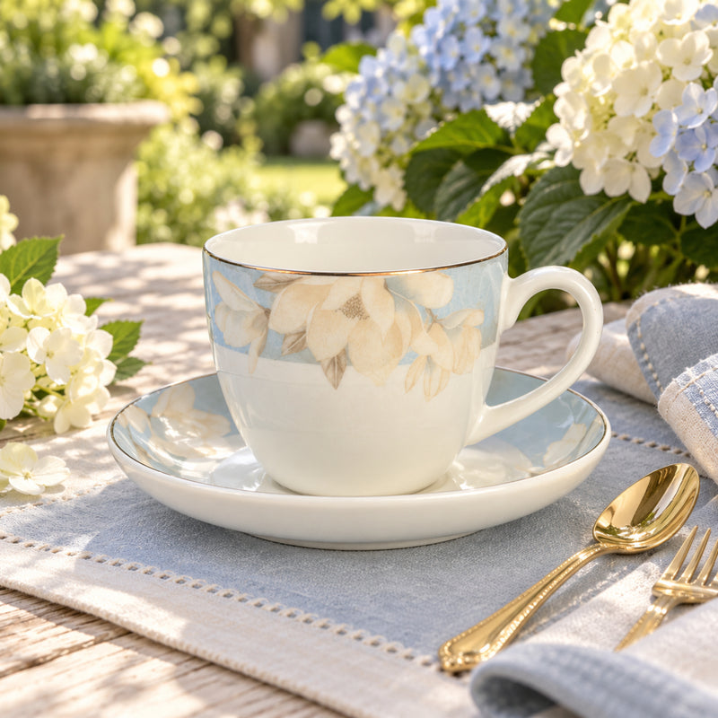Magnolia Garden Serenity Fine Teacup & Saucer Set 12 Pcs