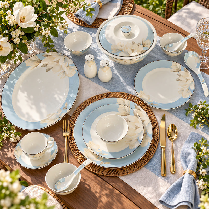 Magnolia Garden Serenity Sky Blue Fine Dinner Set 39 Pcs