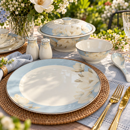 Magnolia Garden Serenity Sky Blue Fine Dinner Set 39 Pcs