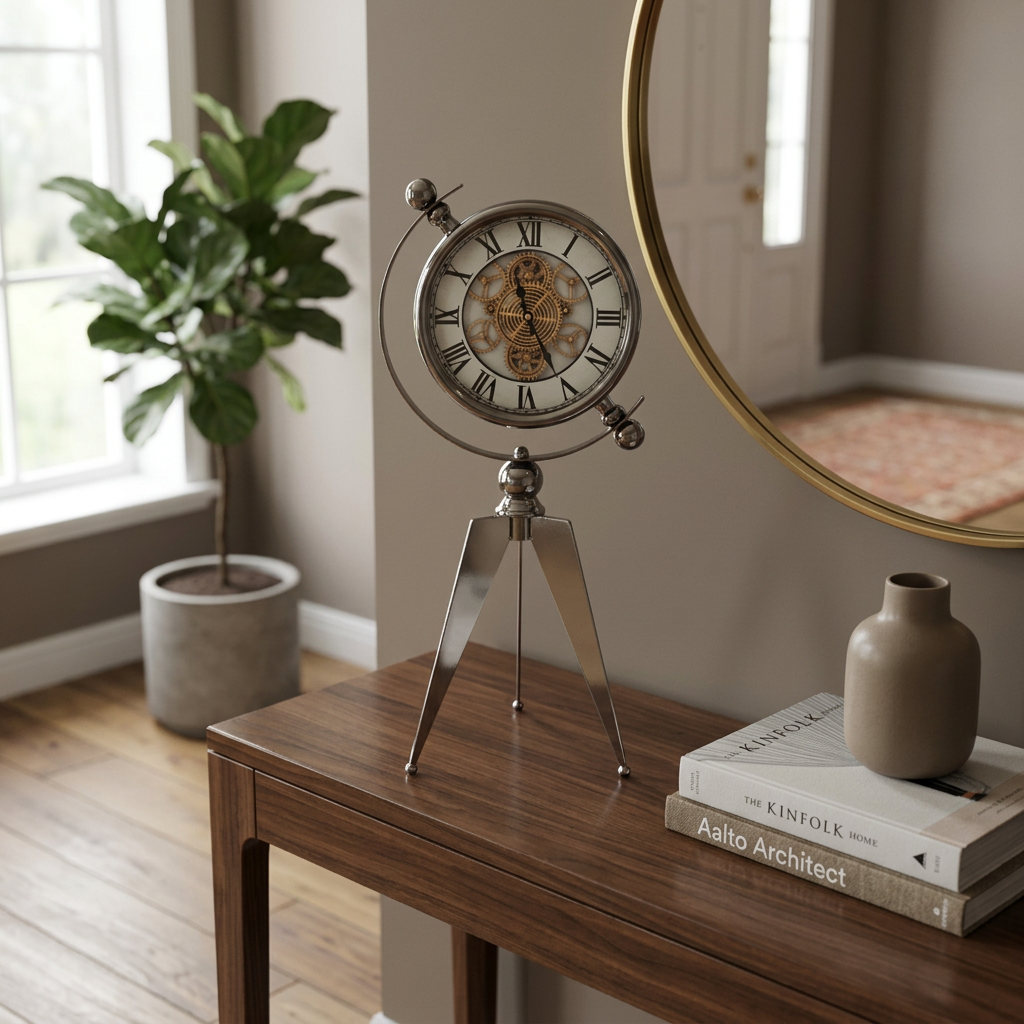 Modern Silver Metal Tripod Desk Clock