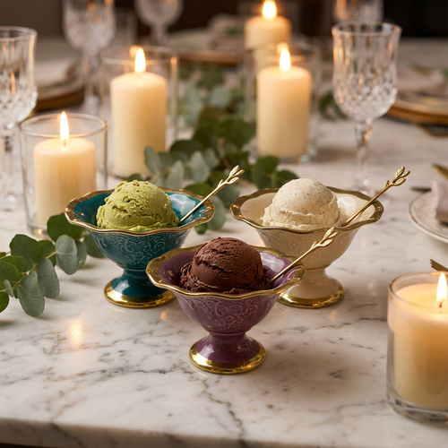 Elegant Ceramic Dessert Bowl & Gold Spoon Set of 6